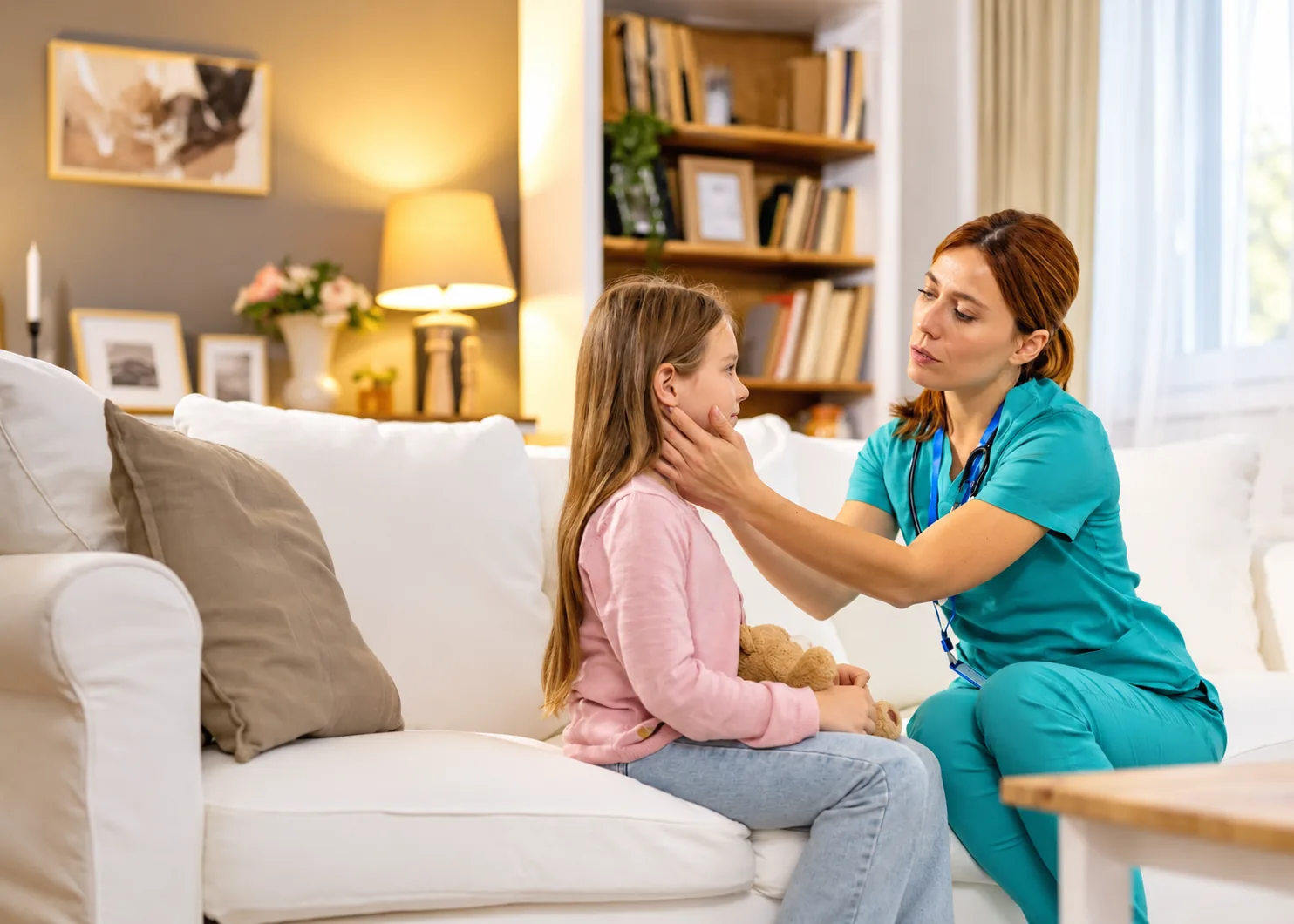 A provider gently examining a young girl's neck while she sits on her family's sofa holding a teddy bear