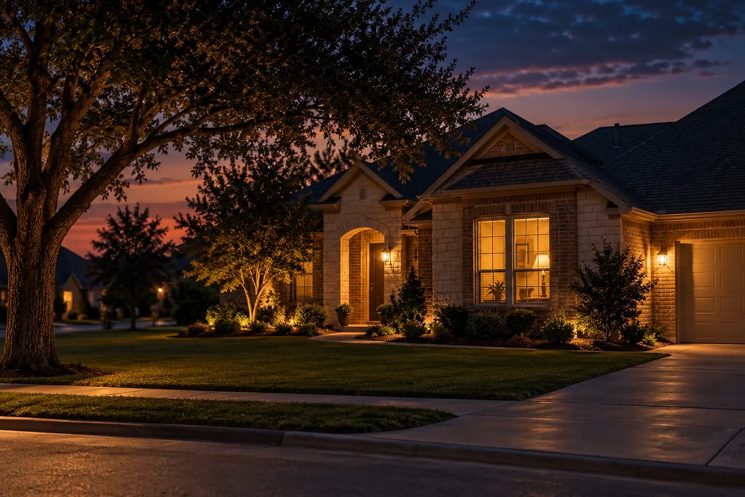 A warmly lit home at dusk with one window glowing against an evening sky