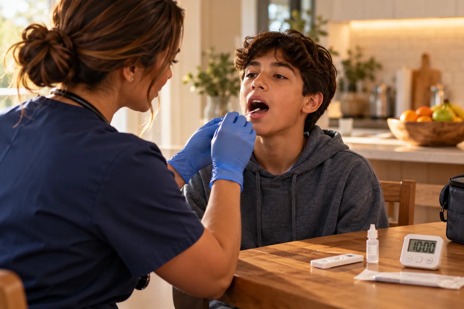 A provider in navy scrubs performing a rapid strep swab on a teenage boy at a kitchen table